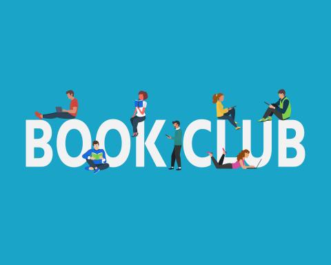 Book Club sign with adults reading