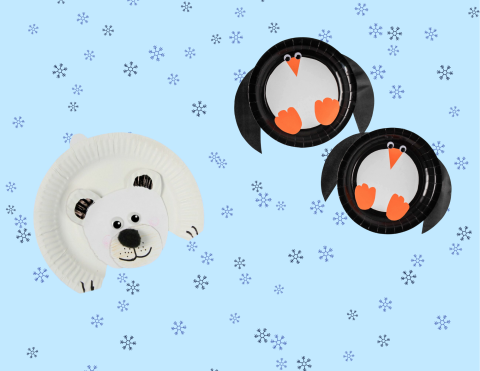 White polar bear plate next to two black and white penguin plates on a blue backdrop with snowflakes. 